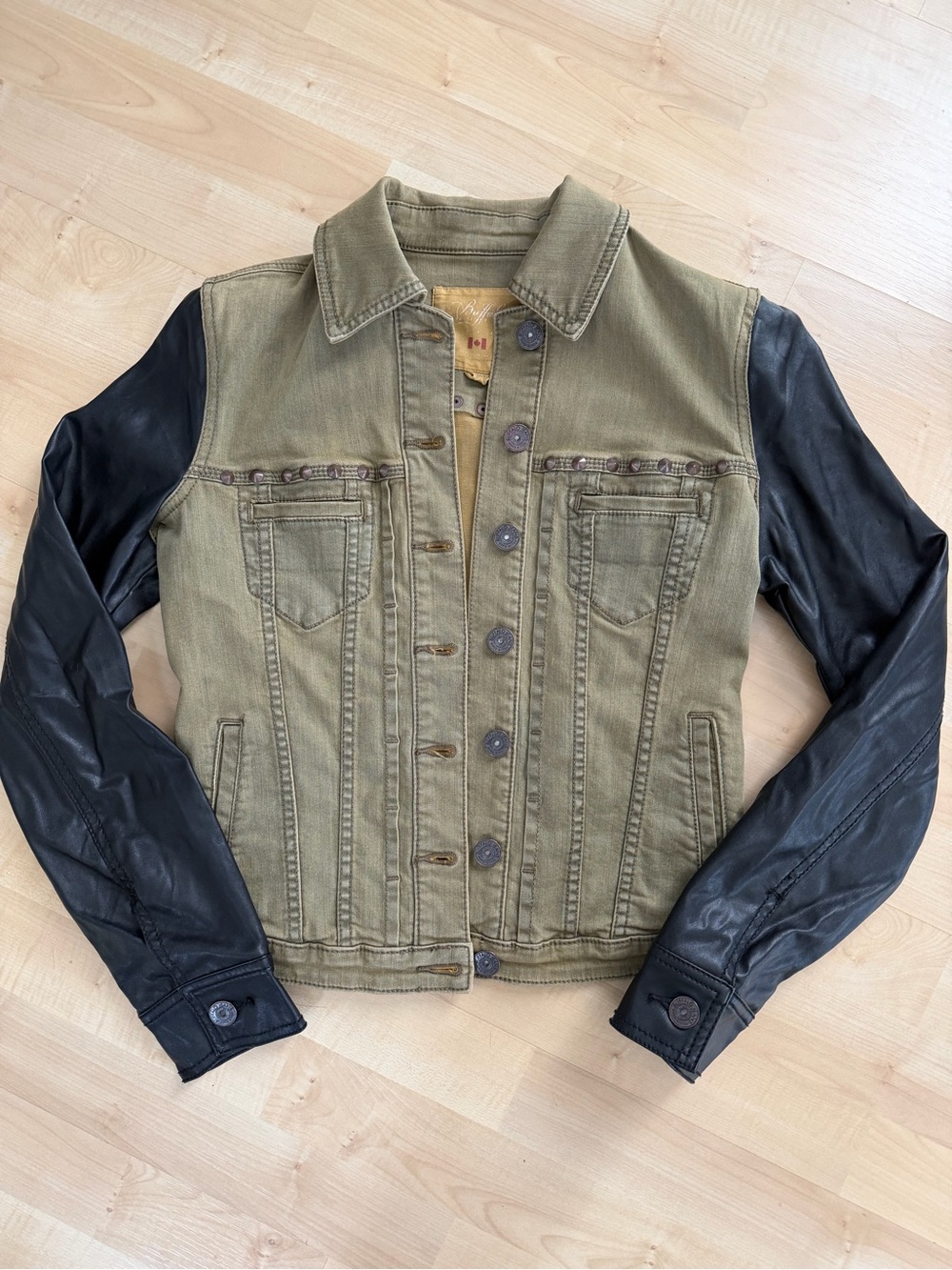 Buffalo David Bitton Olive Studded Faux Leather Sleeve Jacket S
